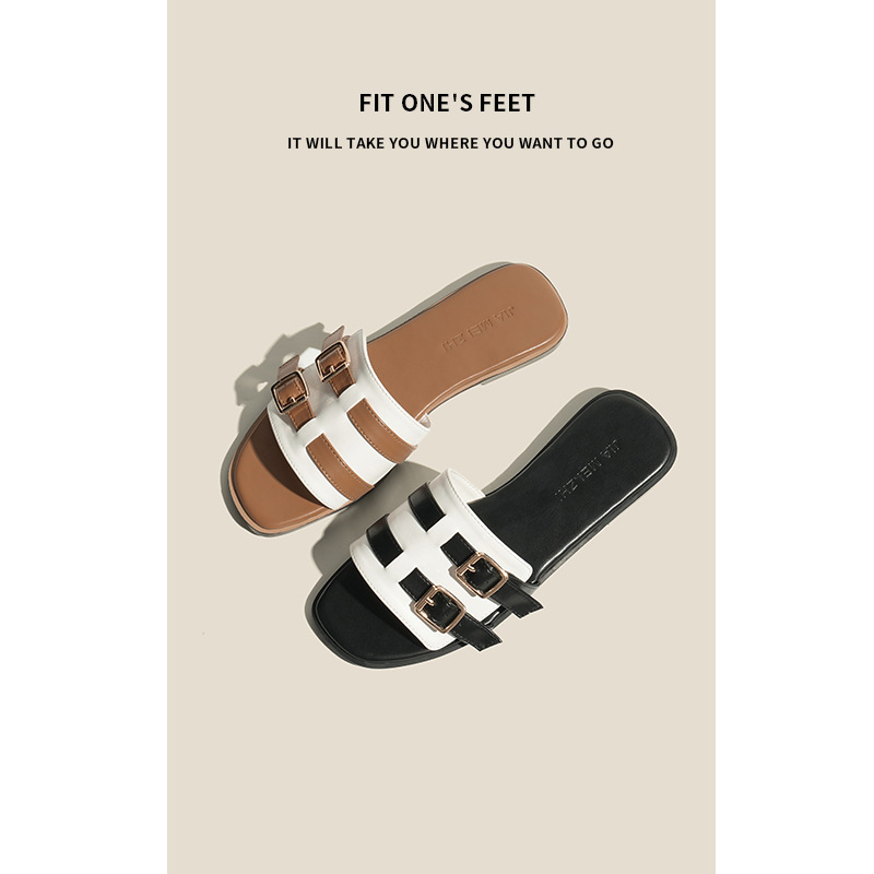2025 Sandals, flat slippers, high-quality leather, casual, fashionable and comfortable one-shoulder women's slippers, flip-flops, women's flat beach shoes full figure