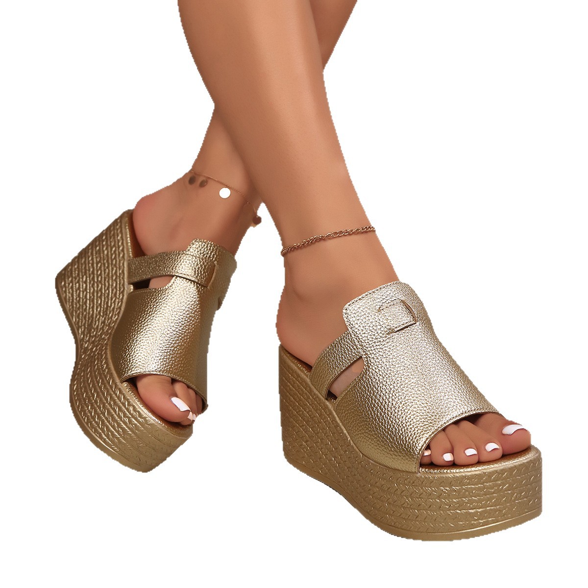 Thick-soled sponge cake one-line flip-flops for women, new summer cross-border large-sized export wedge heel sandals, fish-mouth high-heeled slippers Item Picture