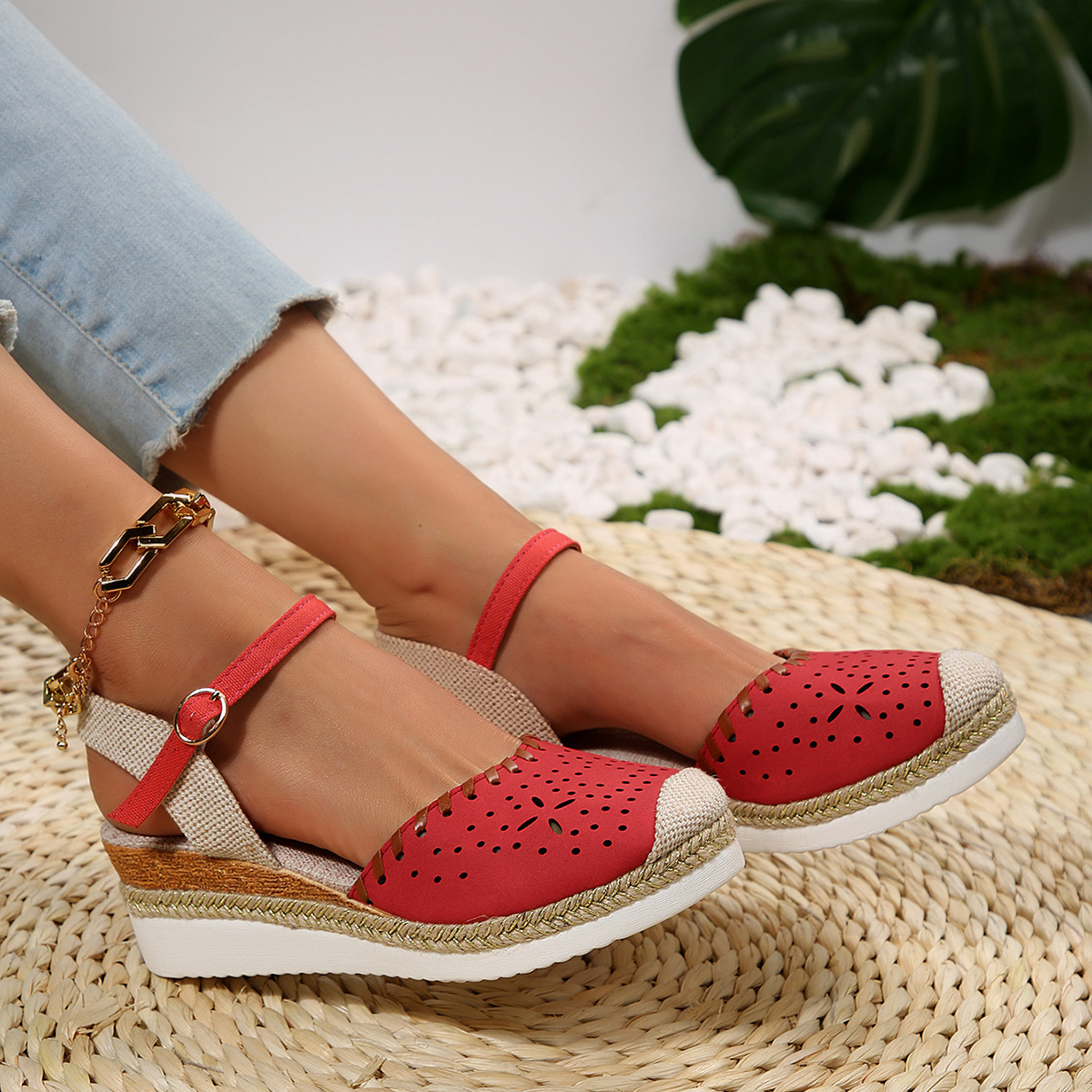 Cross-border trade large-sized color-blocked backheel sandals, wedge heels, lightweight hemp rope woven buckle women's shoes, thick soles, cool Specification drawing