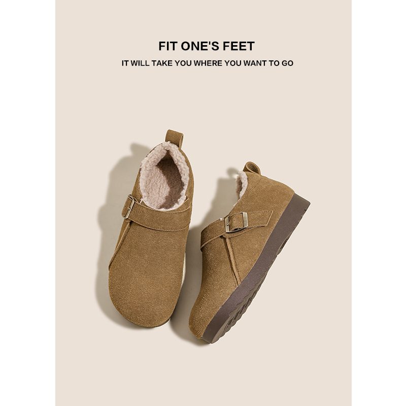 Large-sized insole leather soft-soled Burken shoes for women's 2024 winter new round toe one-button casual and versatile cotton shoes Specification drawing