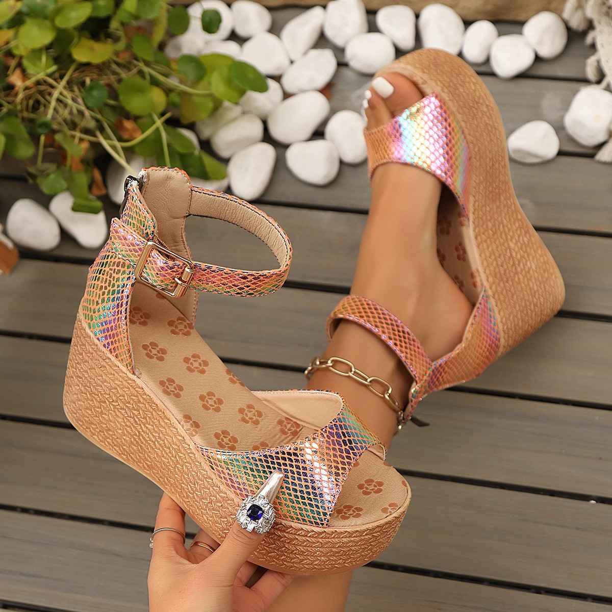 Cross-border wedge heel plus-size women's sandals 2025 Summer new style European and American fashion thick-soled cake one-shoulder buckle women's sandals Application Scenario