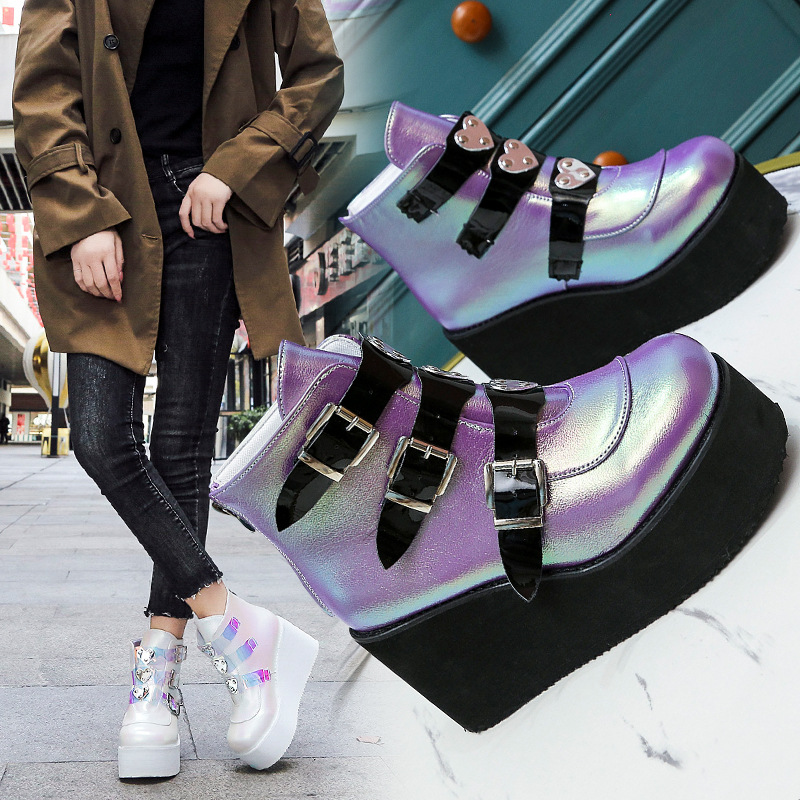 2020 autumn and winter export large-sized round-toe high-heeled ankle boots, low-top belt buckle thick-soled colorful women's fashion boots details Picture