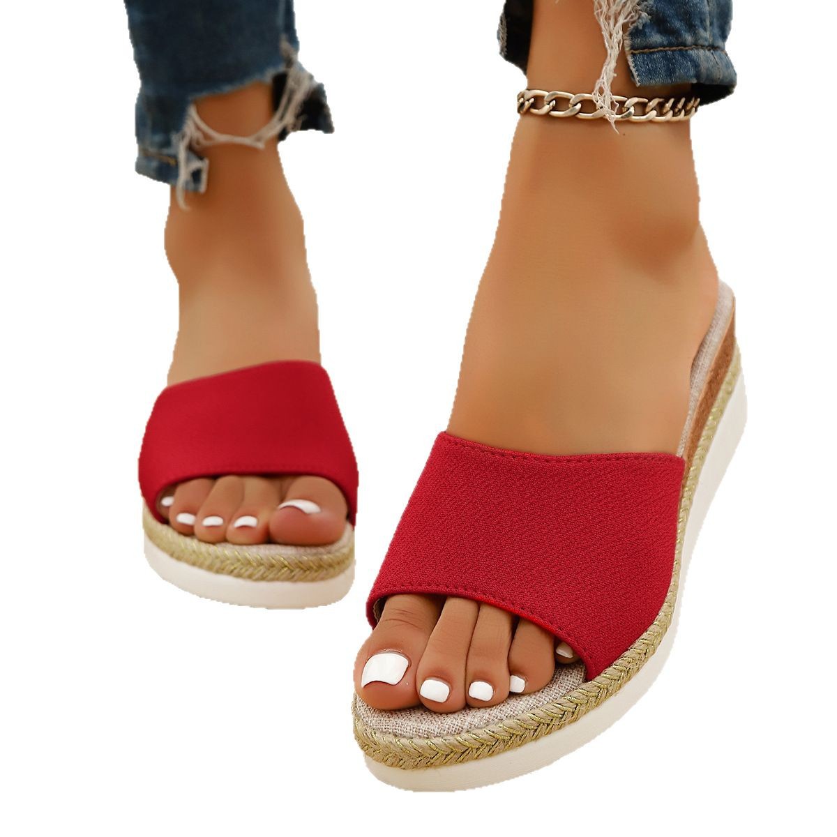 Large-sized women's wedge heel sandals for foreign trade 2025 new style summer fish-mouth thick-soled wedge heel casual sandals for women in stock Item Picture