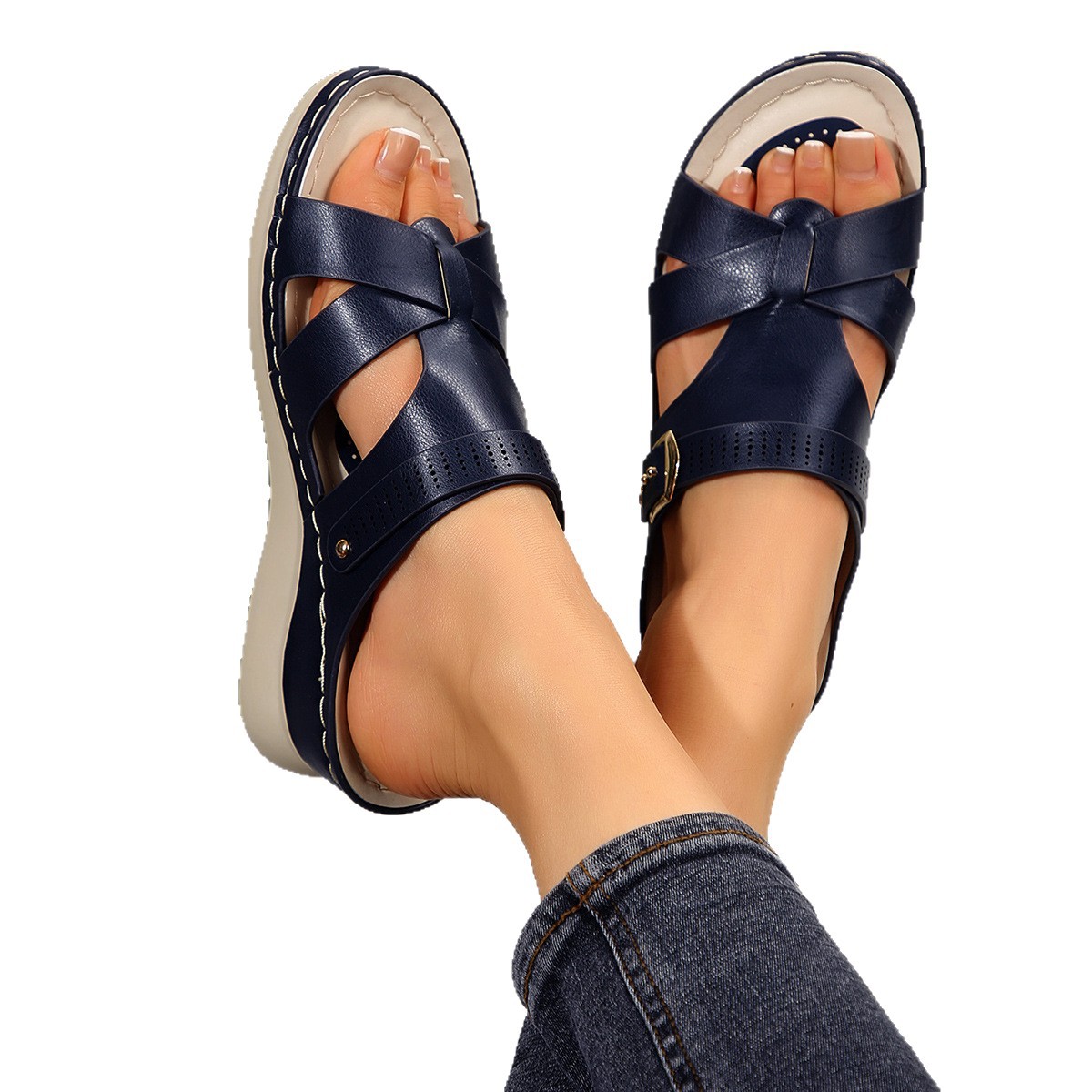 New cross-border large-sized slippers for women in the summer of 2025, featuring European and American wedge heels, thick-soled hollowed-out rivets, and crossed one-line slippers for women Item Picture