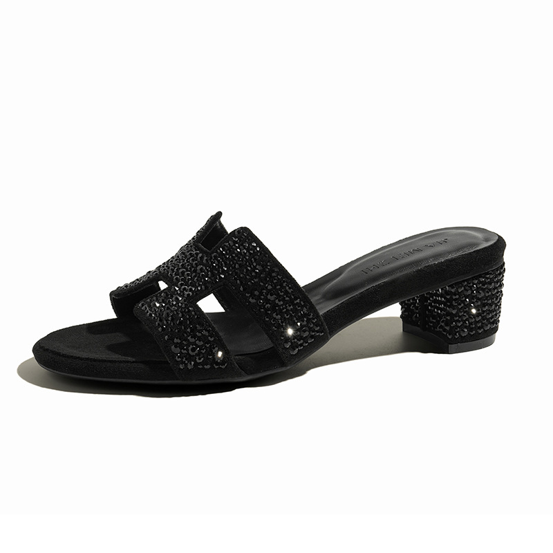 In 2025, the new style of popular one-shoulder slippers for foreign trade, high-heeled slippers for women, genuine leather outerwear, and beach cooling slippers Item Picture