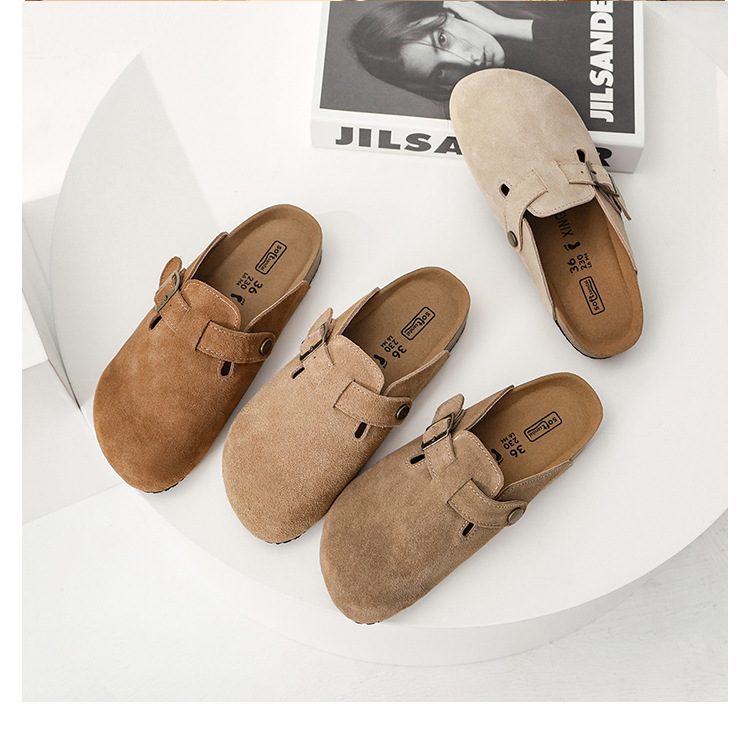 Boken women's shoes, cork inner height-increasing thick-soled slippers, all-leather flat fishing shoes, Boken shoes, toe caps, cotton shoes, half slippers full figure