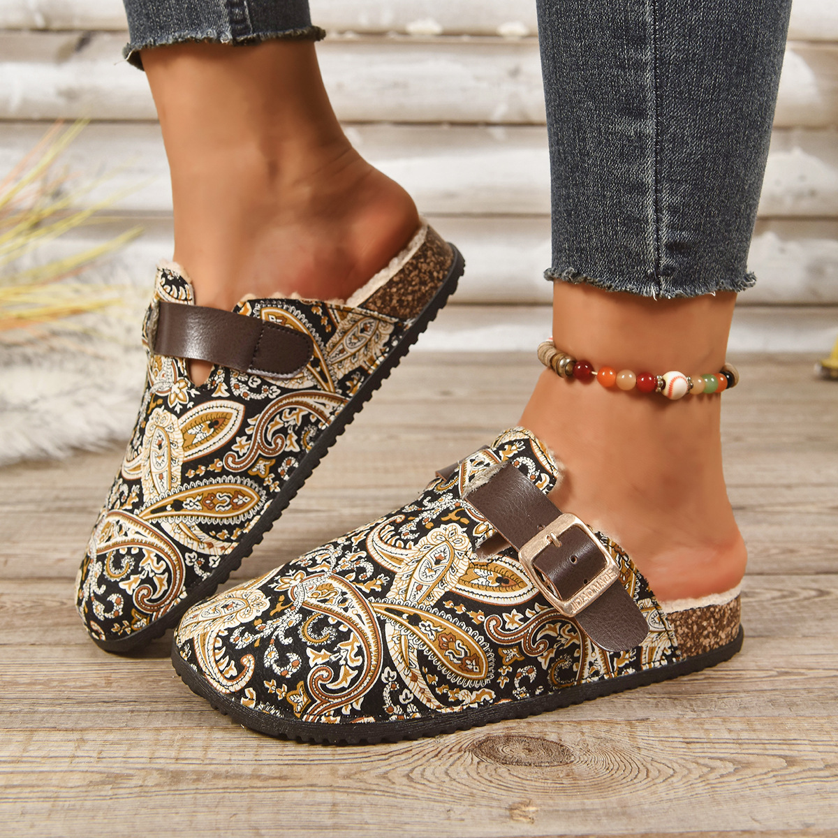 Cross-border large-sized European and American style with cotton-padded toe slippers for women, new autumn 2025, flat bottom printed Roman style Specification drawing