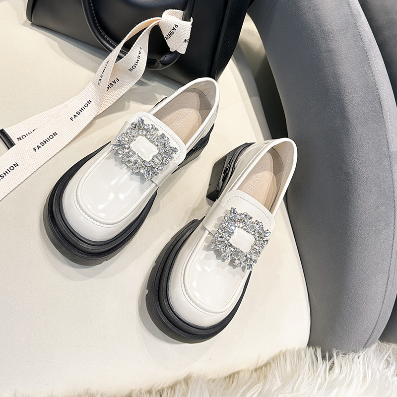 studiolee French diamond-encrusted square buckle thick-heeled, thick-soled, height-increasing black loafers for women in autumn and winter details Picture
