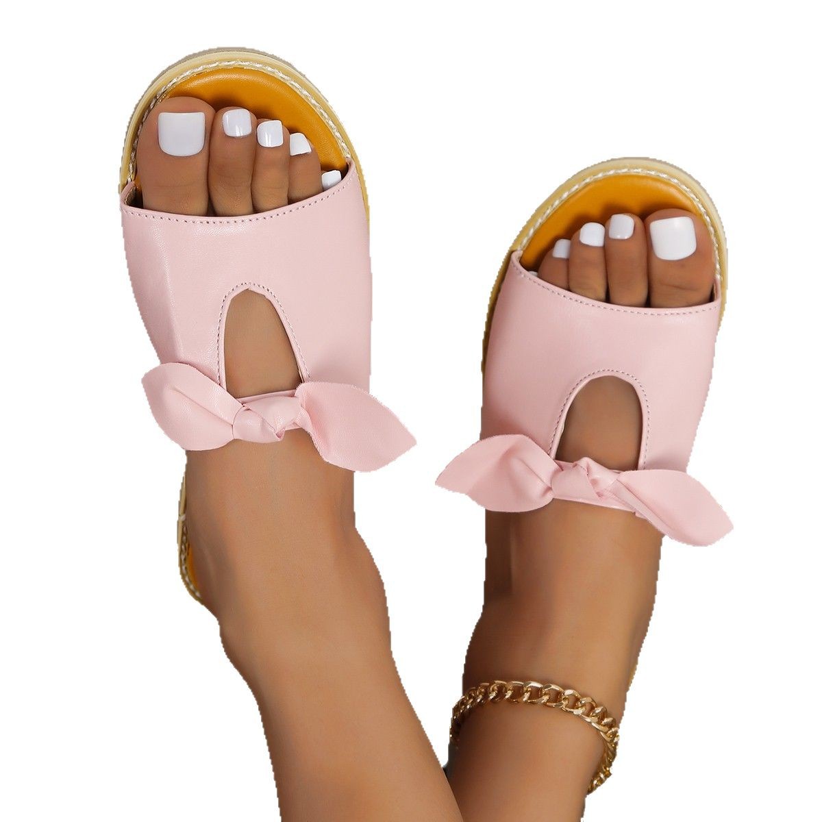 Foreign trade large size flat Slippers for women to wear outside 2025 new round head bow one-foot lazy shoes Slippers Item Picture