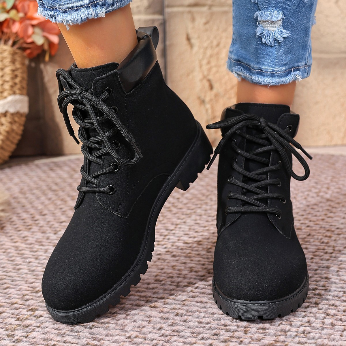 Cross-border large-sized square and Dr. Martens boots for women, new lace-up, fashionable, casual and versatile skinny boots and short boots from Europe and America details Picture