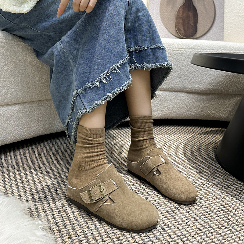 Grape Mom's French retro soft-soled genuine leather toe cap, half-drag, one-pedal insole height-increasing Birken shoes for women, new style with fleece Specification drawing
