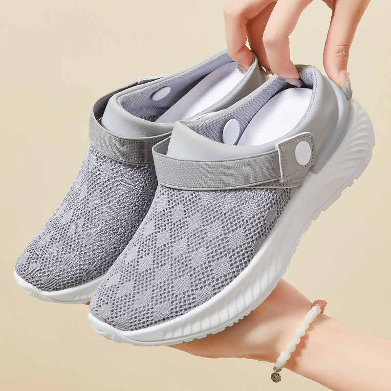 Women's summer fei-woven breathable single shoes with toe caps and half-support casual shoes, foreign trade women's shoes, solid color versatile mesh slippers Specification drawing