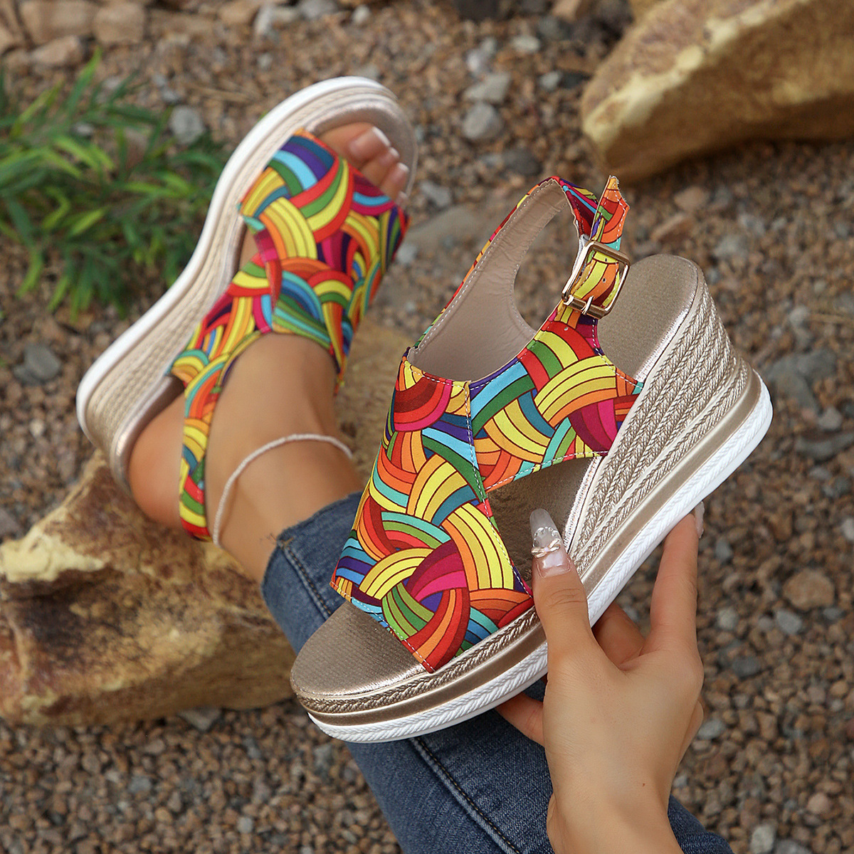 European and American large-sized colorful patterned fish-mouth wedge heel sandals for women, 2025 new style, thick-soled, lightweight buckle sandals details Picture
