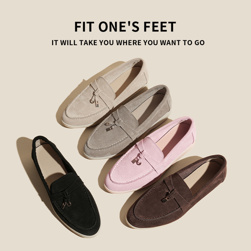 LP Loafers' new genuine leather one-foot flat fringed lazy women's shoes for casual autumn and winter with fleece and large size full figure