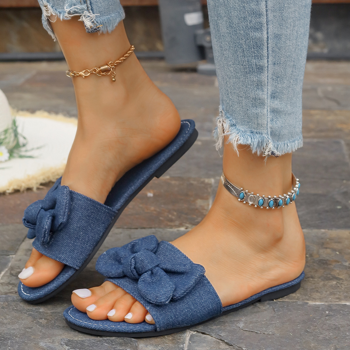 Foreign trade bow flat Slippers women 's home cool slippers round head flat slippers women' s Womens Slippers details Picture
