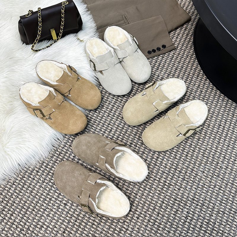Grape Mom's French retro soft-soled genuine leather toe cap, half-drag, one-pedal insole height-increasing Birken shoes for women, new style with fleece details Picture