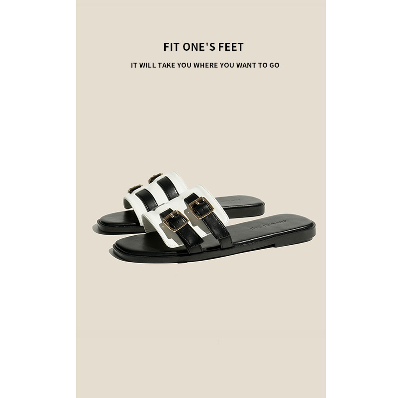 2025 Sandals, flat slippers, high-quality leather, casual, fashionable and comfortable one-shoulder women's slippers, flip-flops, women's flat beach shoes details Picture