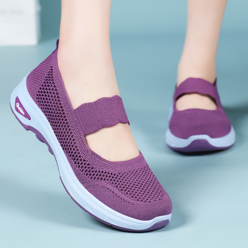 Women's summer shallow-mouthed fly-knit single shoes, breathable, one-foot flat shoes, shoes for middle-aged and elderly mothers, old Beijing cloth shoes full figure