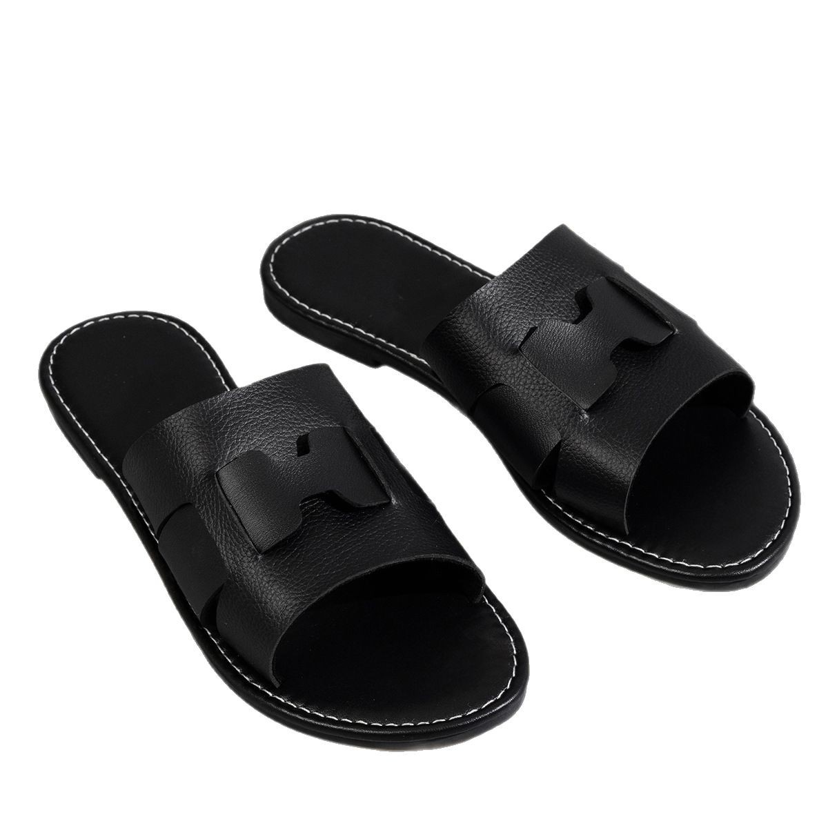 New multi-color women's slippers for cross-border trade, flat round toe leather spliced beach slippers, simple women's flip-flops Item Picture