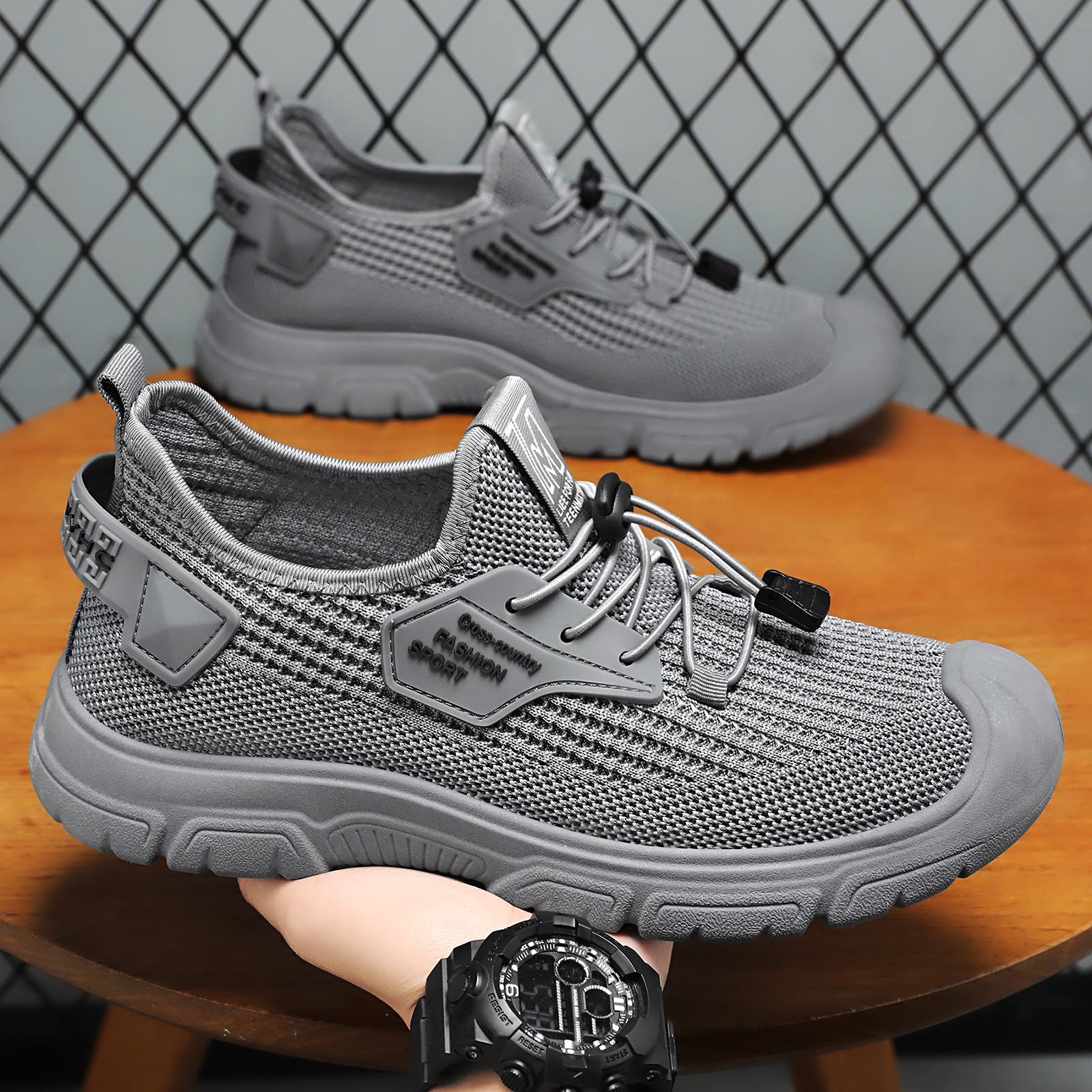 Men's summer single shoes, casual shoes, flying woven breathable and non-smelly feet men's shoes, solid color versatile men's shoes, dad shoes Specification drawing