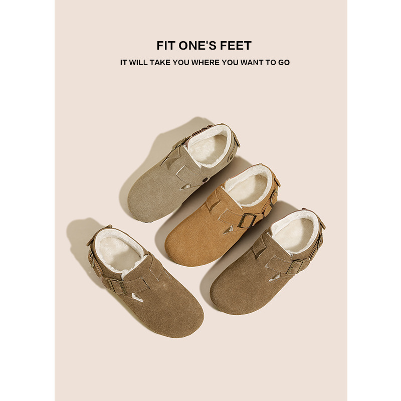 Large-sized Burken shoes with fleece and thickened leather, soft-soled big-headed shoes for women, new winter snow boots, fleece warm cotton shoes full figure