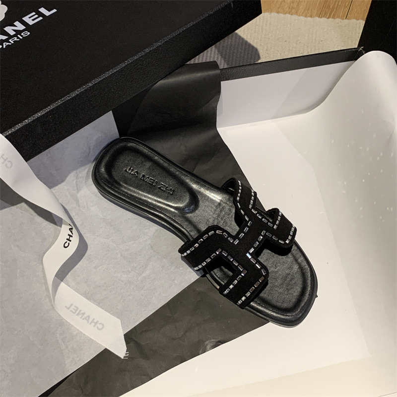 【sheii Su Yinyin 】~GD version water diamond square toe H-shaped beach flip-flops for women, flat bottom for outerwear details Picture