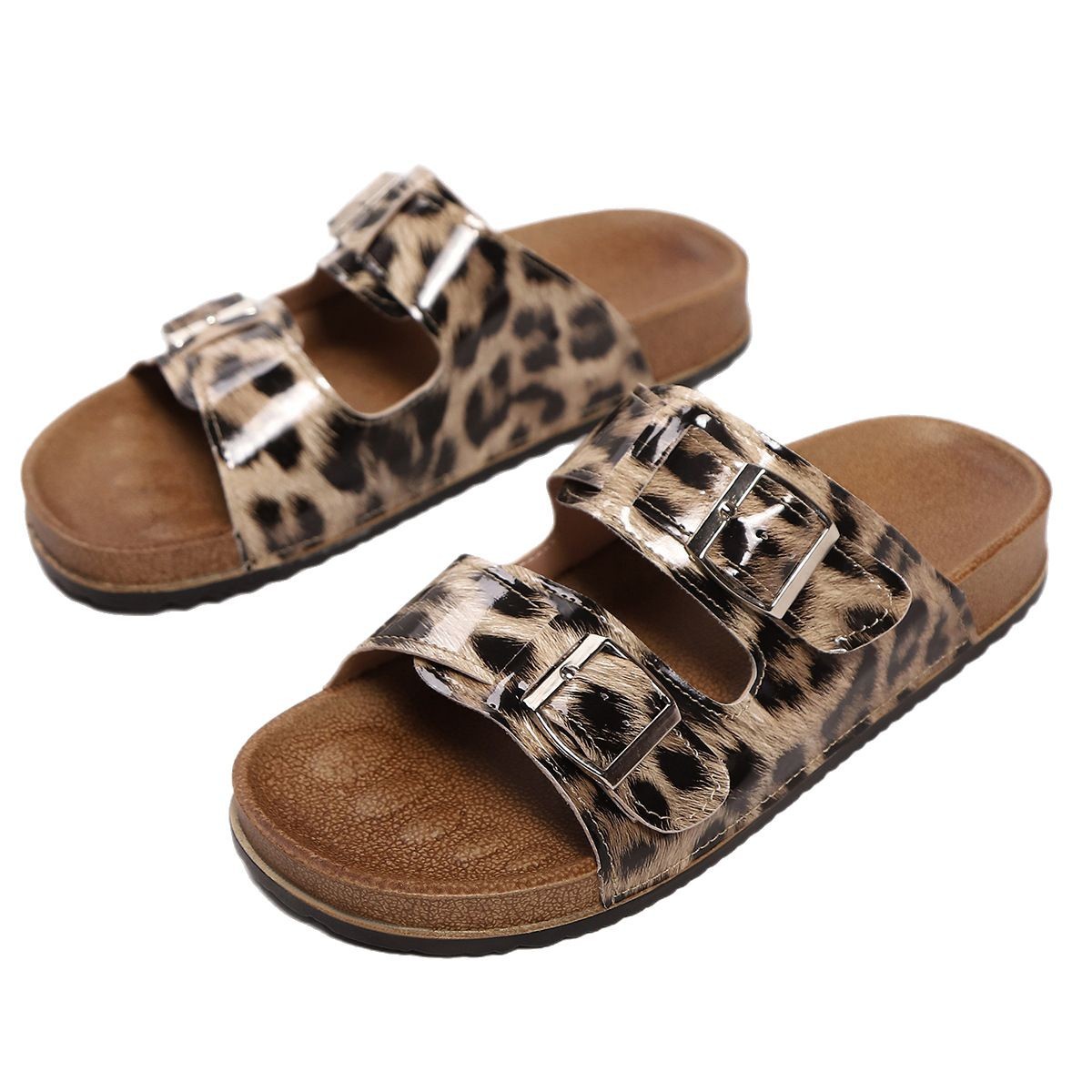 Cross-border large-sized European and American women's slippers, new European and American one-line flat belt buckle casual outerwear women's slippers Item Picture
