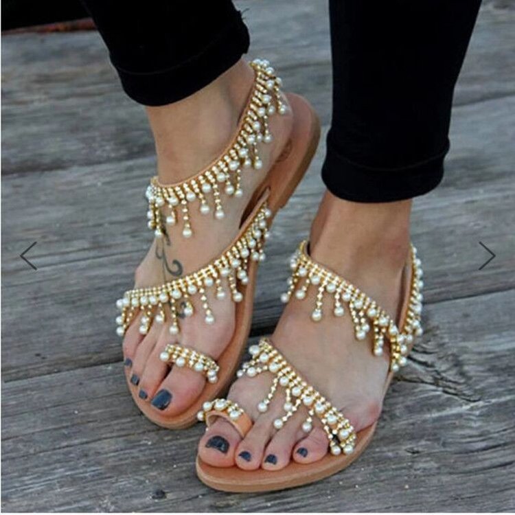 Cross-border Amazon wish Bohemian sandals, women's flat, large-sized women's shoes, beaded toe, beach, Roman sandals Specification drawing