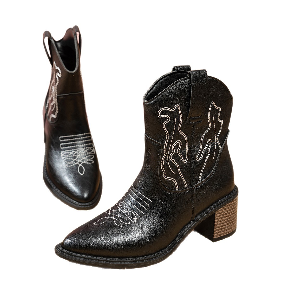 2025 Cross-border foreign trade new style chunky-heeled Western cowboy boots V-neck embroidered sleeve knight boots with short top and pointed toe Item Picture