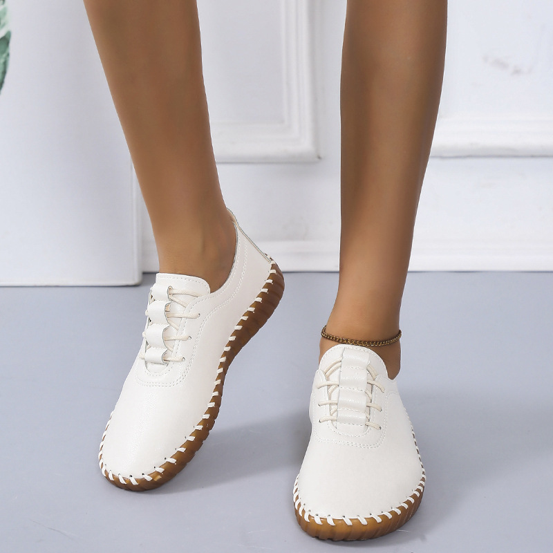 2021 Autumn new Korean-style student casual fashion single shoes, women's round-toed lace-up soft-soled bean shoes, flat shoes Specification drawing
