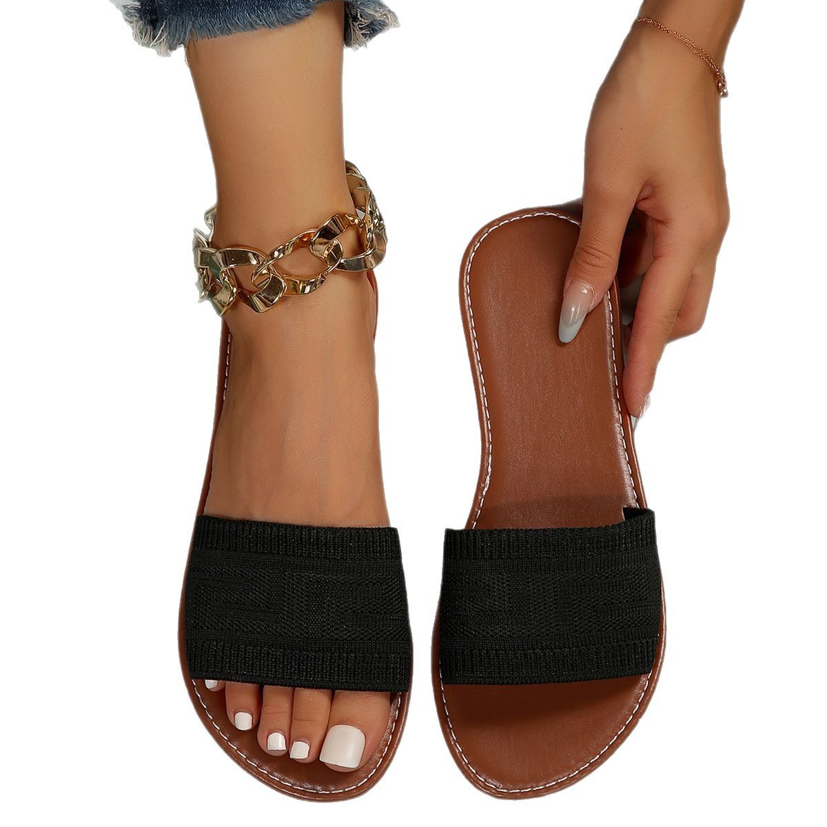 Cross-border Cool slippers for Women 2025 Summer New style one-line fabric round-toe simple and casual outerwear women's slippers Item Picture