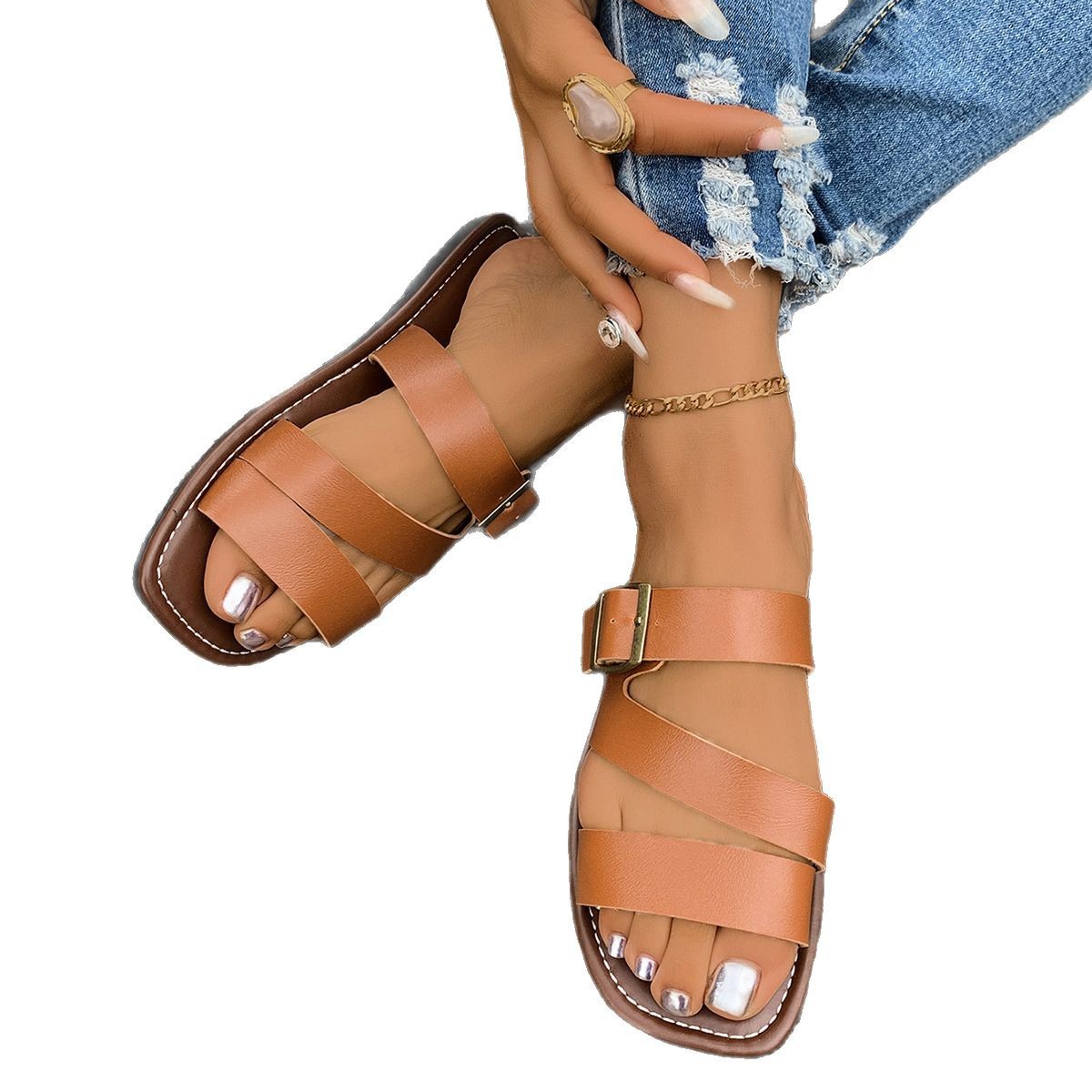 European and American 2025 summer new large-sized women's shoes, metal buckle fashionable flat casual women's slippers, one-piece consignment Item Picture