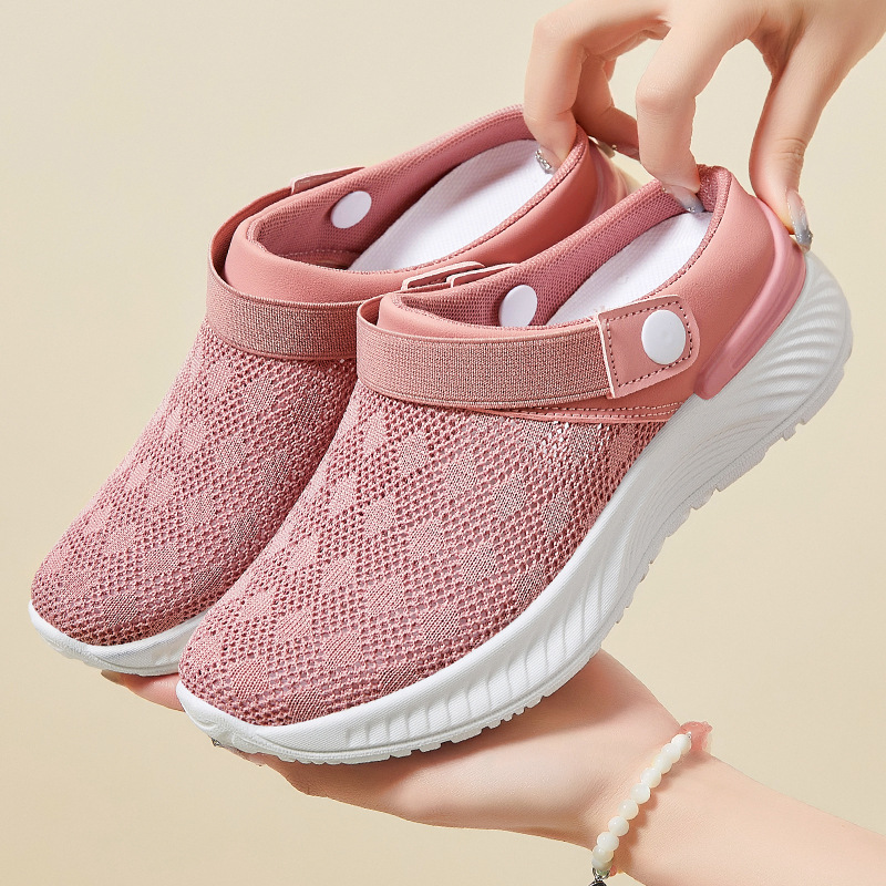 Women's summer fei-woven breathable single shoes with toe caps and half-support casual shoes, foreign trade women's shoes, solid color versatile mesh slippers details Picture