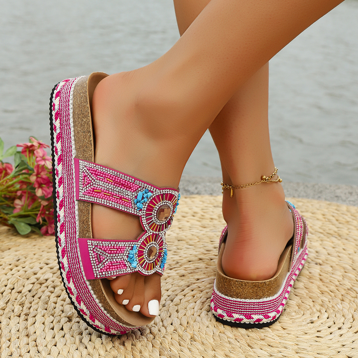 2025 New cross-border trade thick-soled hemp rope belt buckle water diamond cork beach slippers, large-sized fashionable women's shoes Specification drawing