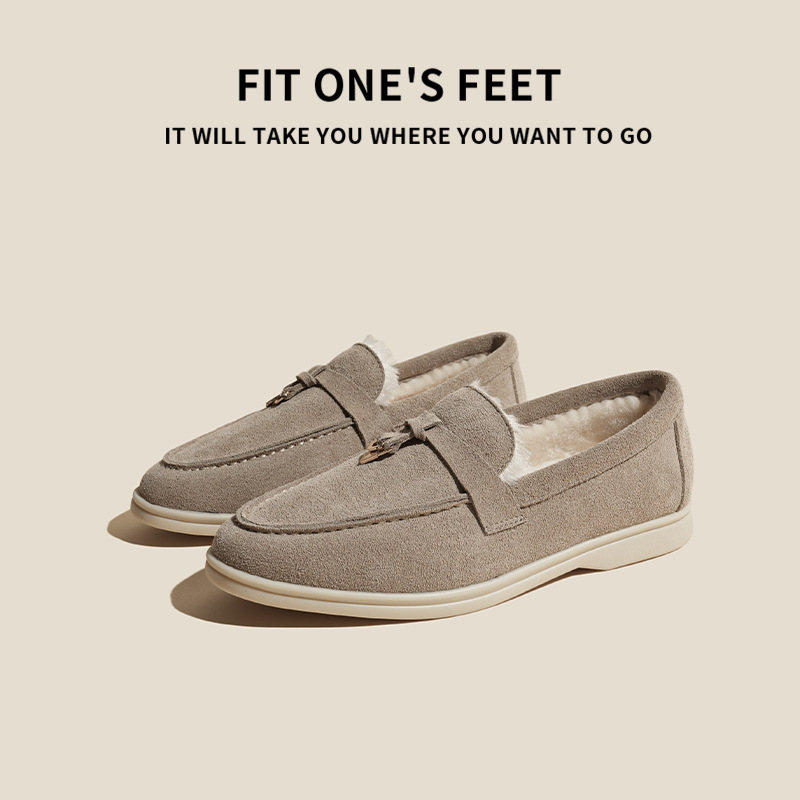 Women's outerwear casual bean shoes, matte leather, British style, European and American burst genuine leather with fleece, warm LP loafers details Picture