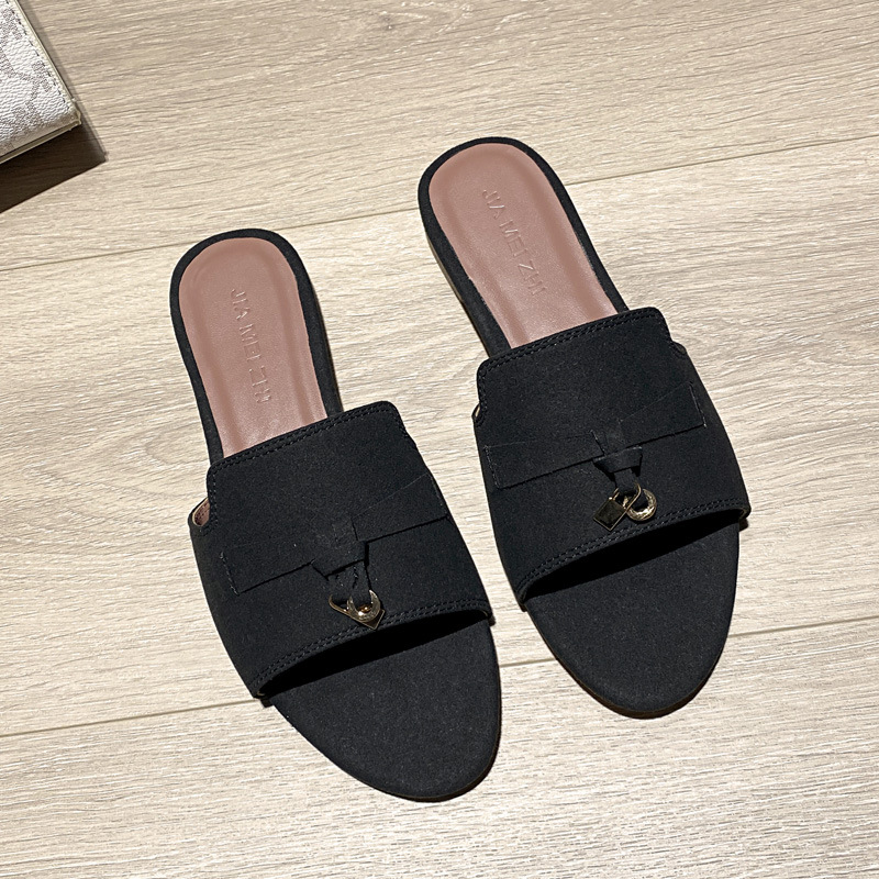 In 2023, LP flat-bottomed outerwear with cowhide suede, half-length flip-flops, retro lazy style, toe-exposed one-shoulder cool flip-flops, popular and comfortable large size details Picture