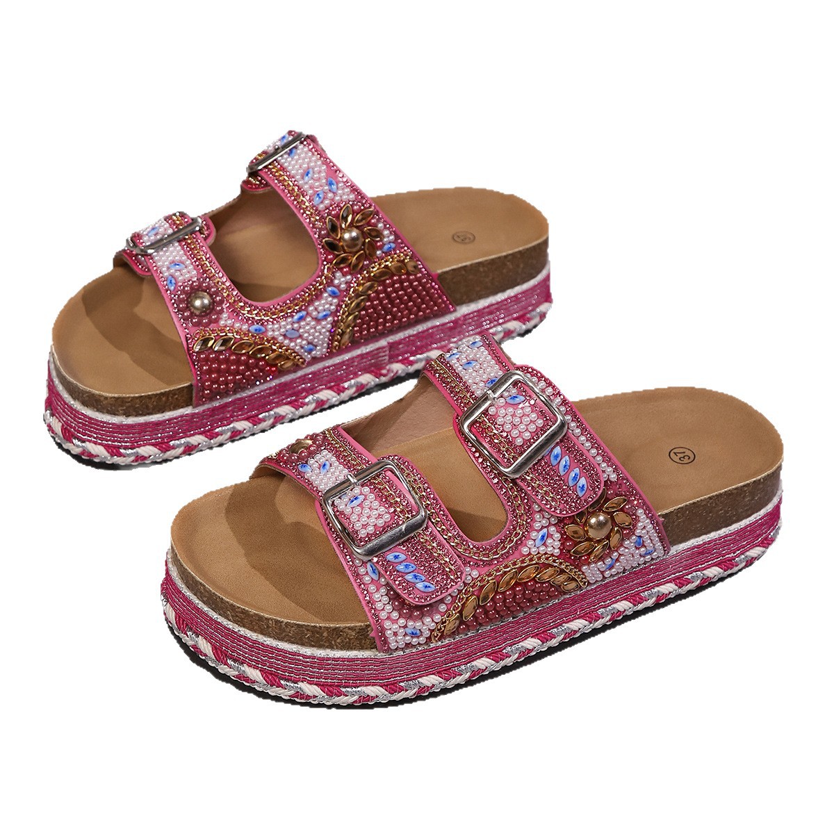 2025 New cross-border foreign trade thick-soled hemp rope double-buckle water diamond cork beach slippers plus-size women's shoes Item Picture