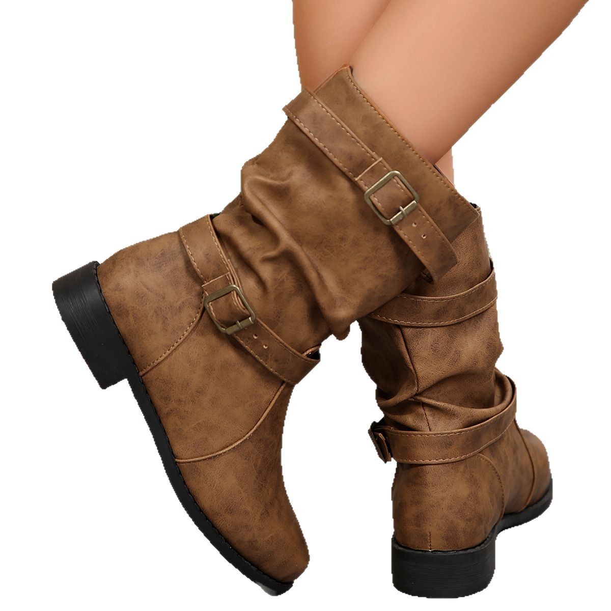 Cross-border foreign trade mid-calf boots for women 2025 autumn/Winter new style boots for women round toe square root belt buckle women boots sleeve Item Picture
