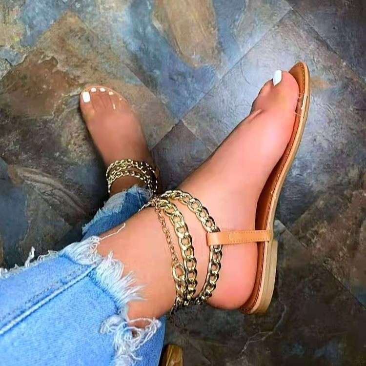 2021 new style flat-bottomed round-toe metal chain strappy transparent sandals for women's beach shoes from foreign trade Application Scenario