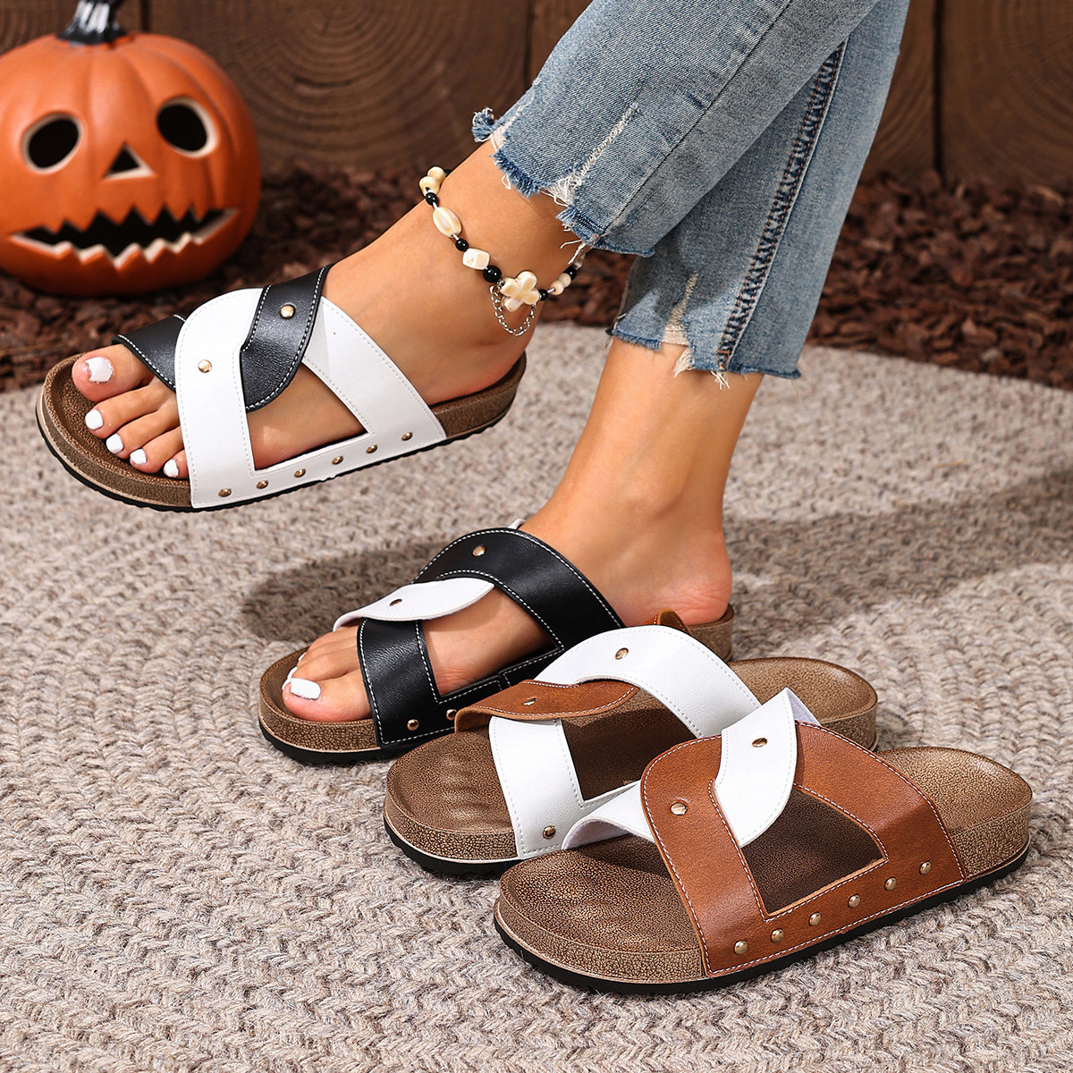European and American foreign trade large size multi-color thick-soled slippers for women 2025 riveted one-line cross beach cool slippers slippers details Picture