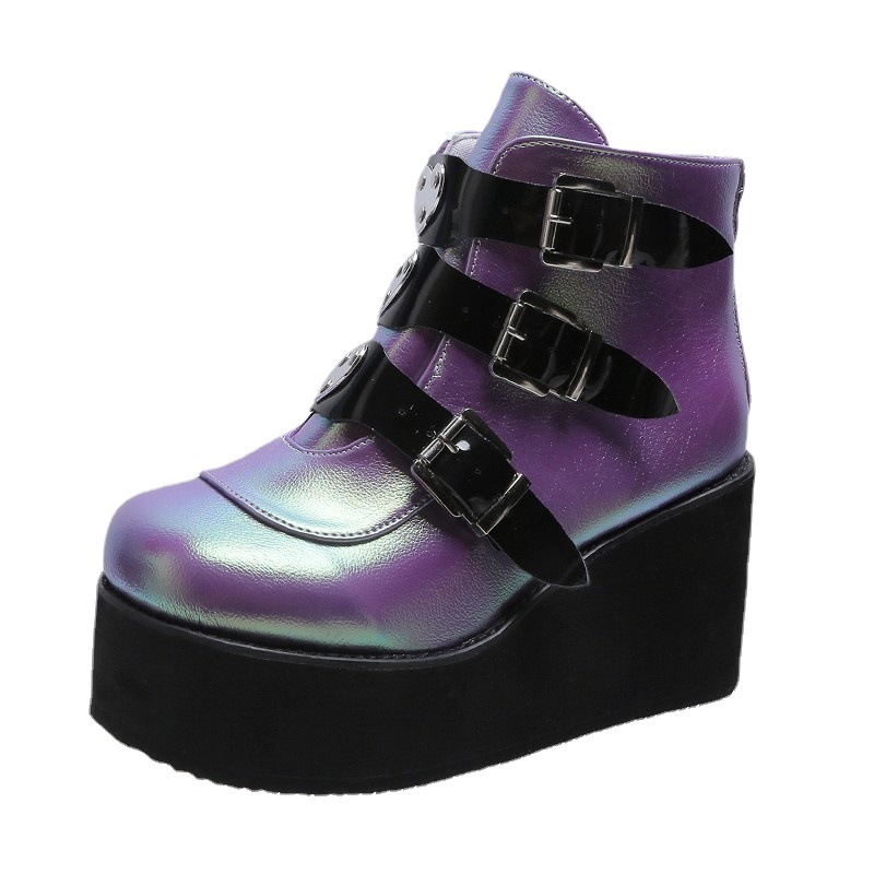 2020 autumn and winter export large-sized round-toe high-heeled ankle boots, low-top belt buckle thick-soled colorful women's fashion boots Item Picture