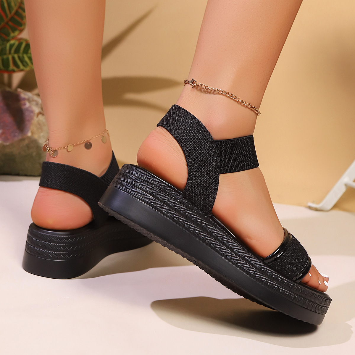 2025 New sequined elastic wedge sandals for women in summer, large-sized thick-soled pine cake European and American sandals 43 Application Scenario