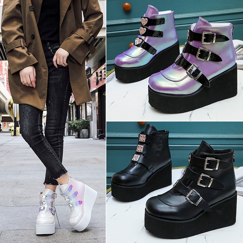 2020 autumn and winter export large-sized round-toe high-heeled ankle boots, low-top belt buckle thick-soled colorful women's fashion boots Specification drawing