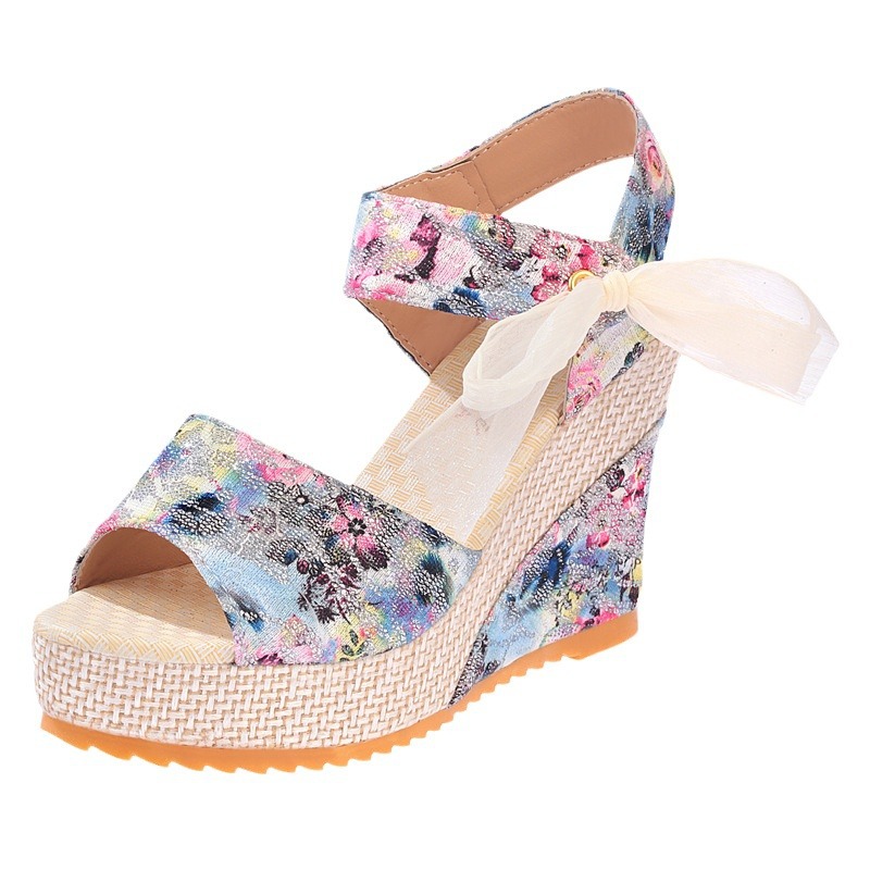 New Bohemian women's summer casual sandals with ultra-high heels, floral wedge heels, tie and bow soles Item Picture
