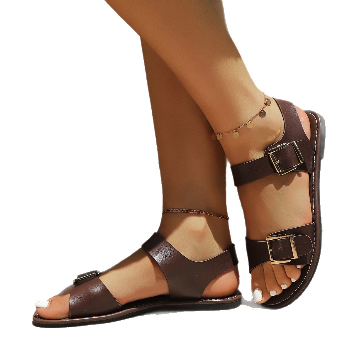New cross-border trade women's shoes with flat one-shoulder buckle and solid color sandals, Roman summer women's flat shoes Item Picture