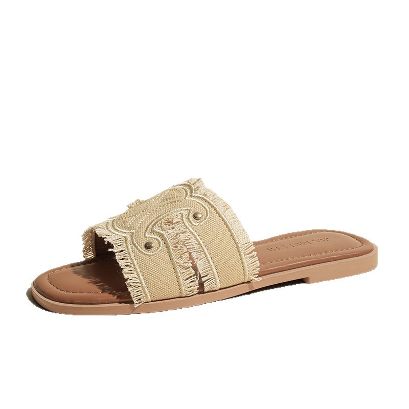 Sheepskin version ~2025 new genuine leather denim one-shoulder slippers for women's summer outerwear, flat half slippers, French flip-flops Item Picture