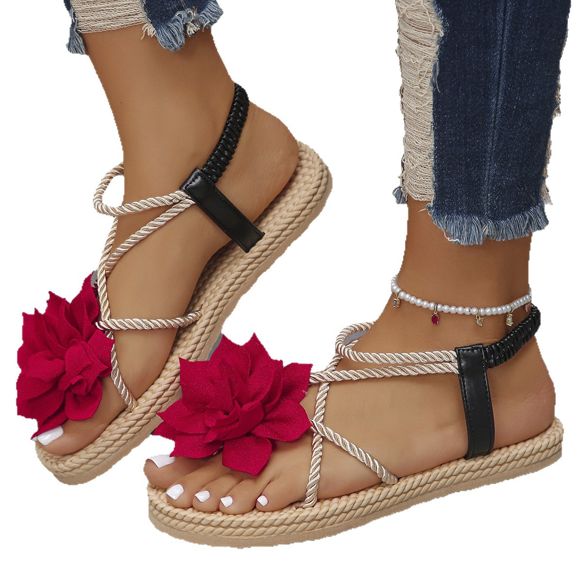 Wholesale of cross-border flower sandals for women's outerwear, ins summer new versatile flat toe flip-top beach sandals Item Picture