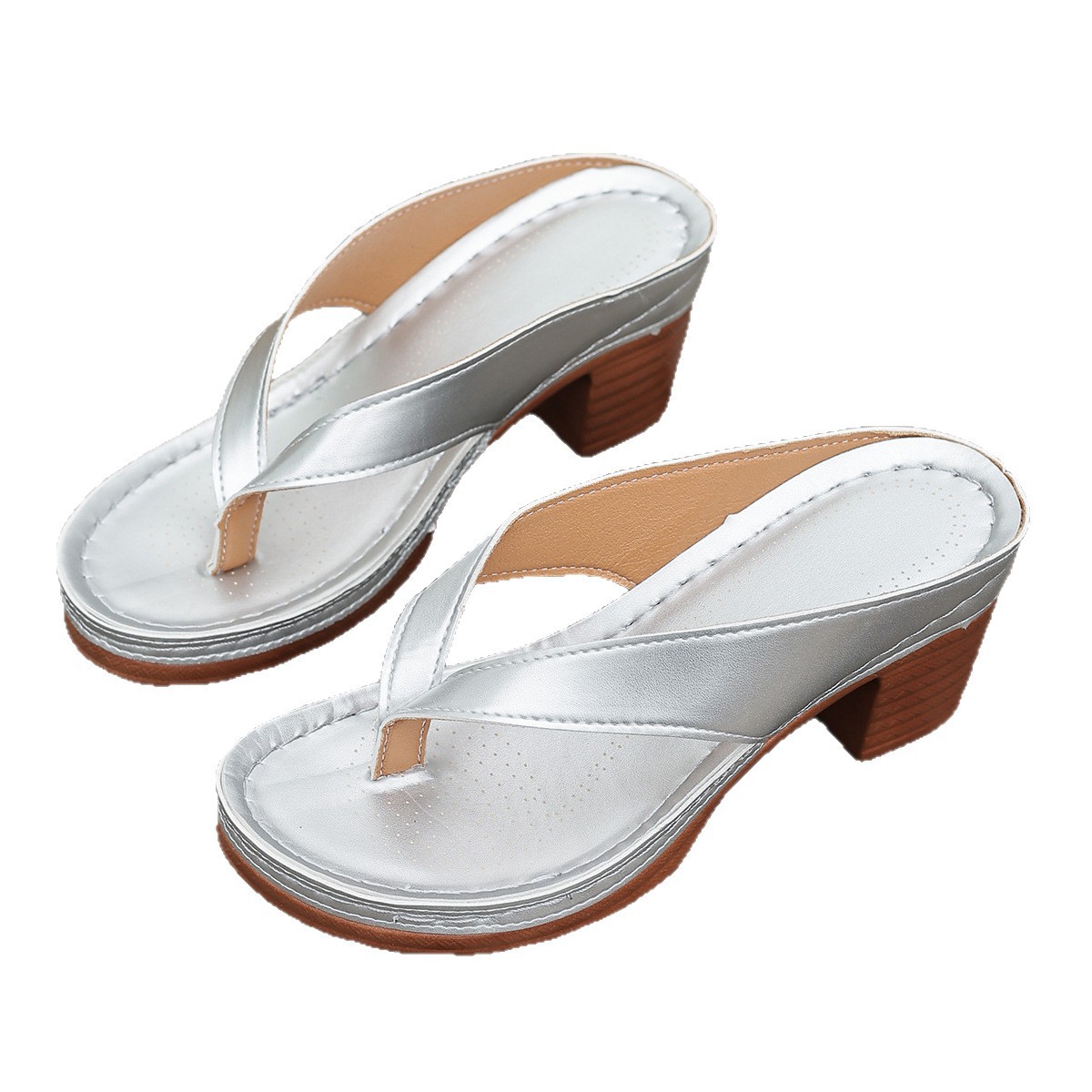 Wholesale of large-sized, high-heeled, fashionable flip-flops for women in the summer of 2025, imported from Europe and America Item Picture