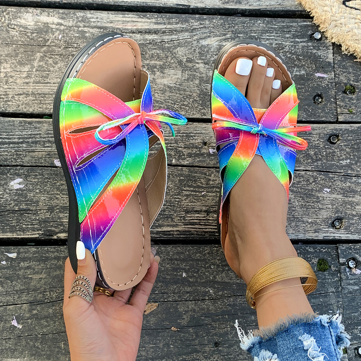 Cross-border foreign trade 2025 New style slippers Women's wedge heel thick-soled sandals rainbow bow anti-slip round head decoration lightweight Specification drawing