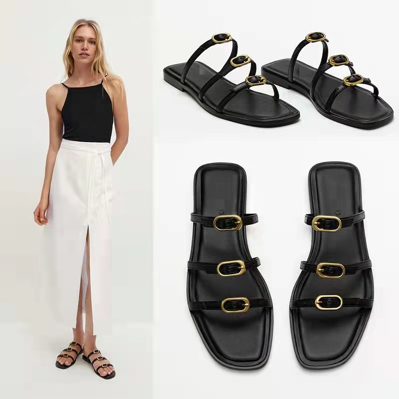 The M D brand women's shoes feature a one-strap slipper and a metal-clasp flat, open-toe, three-strap decorated sandal with a comfortable flat surface full figure